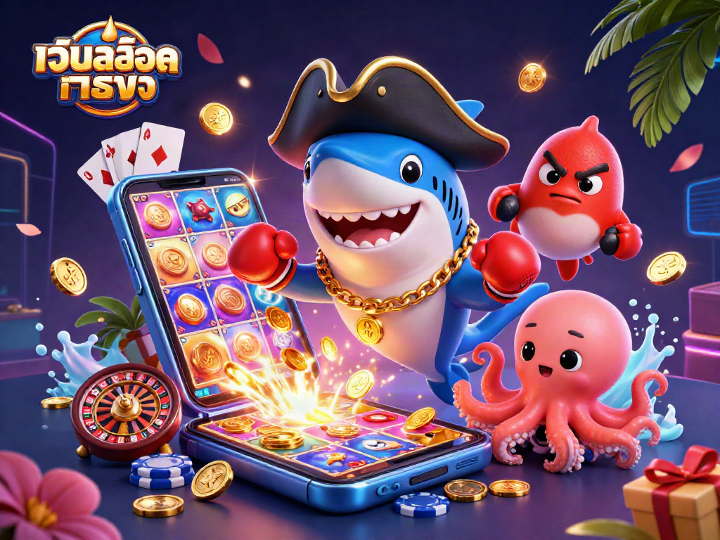Engaging เว็บสล็อตตรง scene with a cheerful shark, cartoon pufferfish, and octopus amidst vibrant casino elements.
