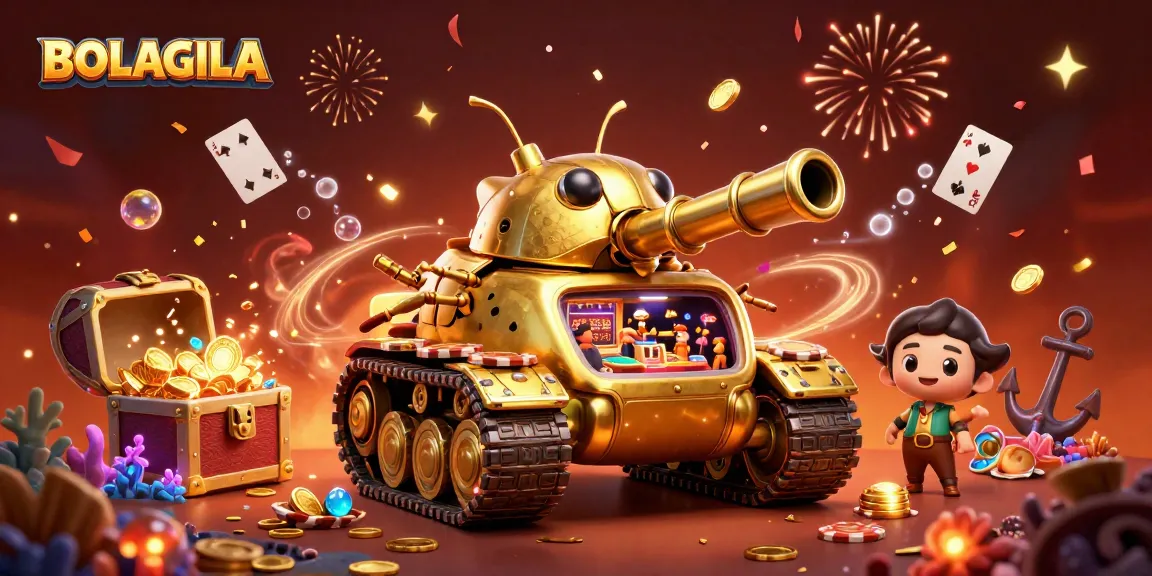 BOLAGILA showcases a vibrant casino scene with a massive golden beetle tank amid confetti and treasures.