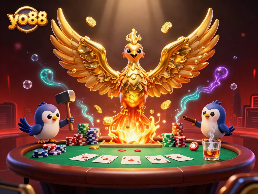 Experience the thrill of yo88 with golden phoenix rising and poker chips surrounding a vibrant casino scene.
