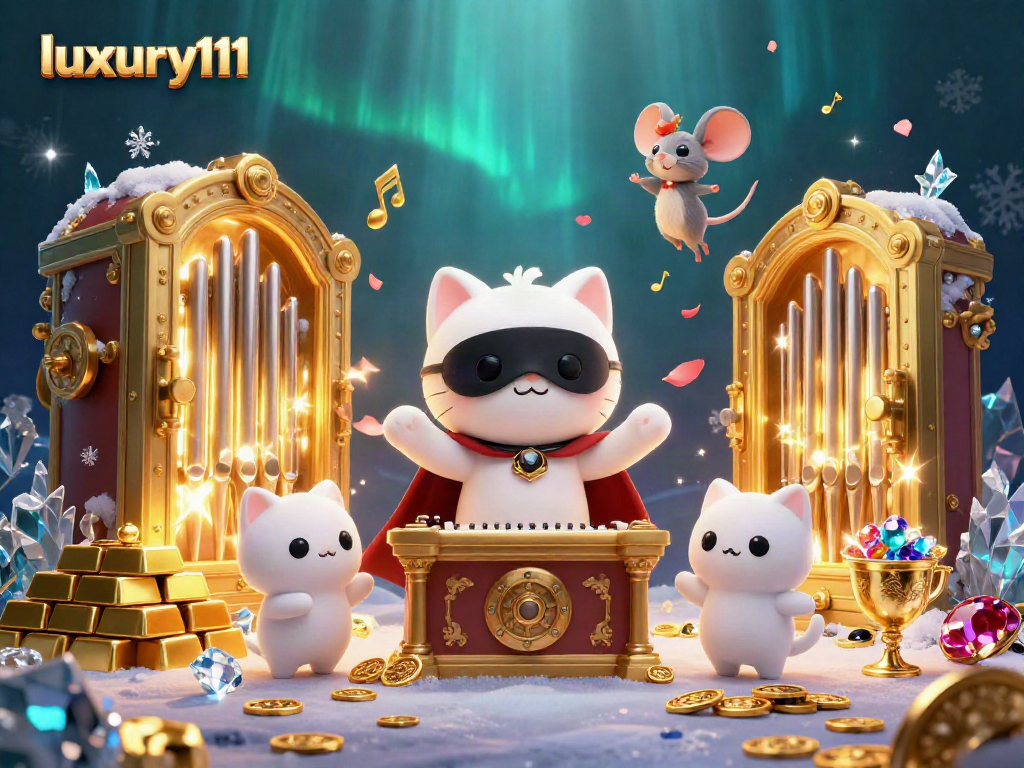 Experience the excitement of luxury111 with cartoon characters dancing amidst treasures and casino elements.