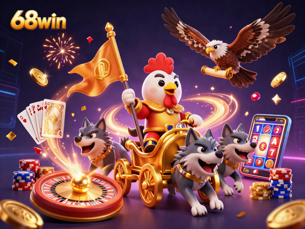 Experience thrilling gameplay at 68win with a vibrant scene of animated characters and casino elements.
