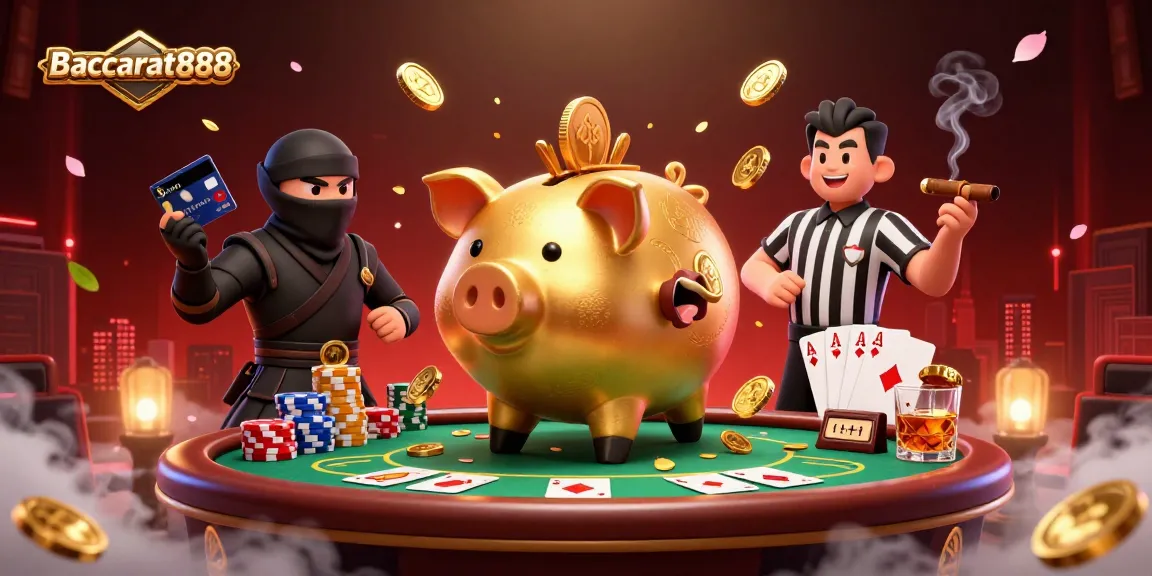 Baccarat888 showcases a lively 3D cartoon scene with dynamic characters engaging in casino activities.