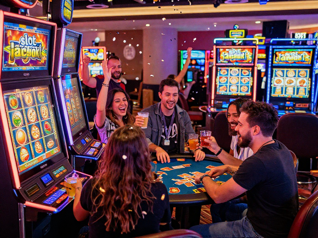 Group celebrating a slot jackpot win in a vibrant casino setting.