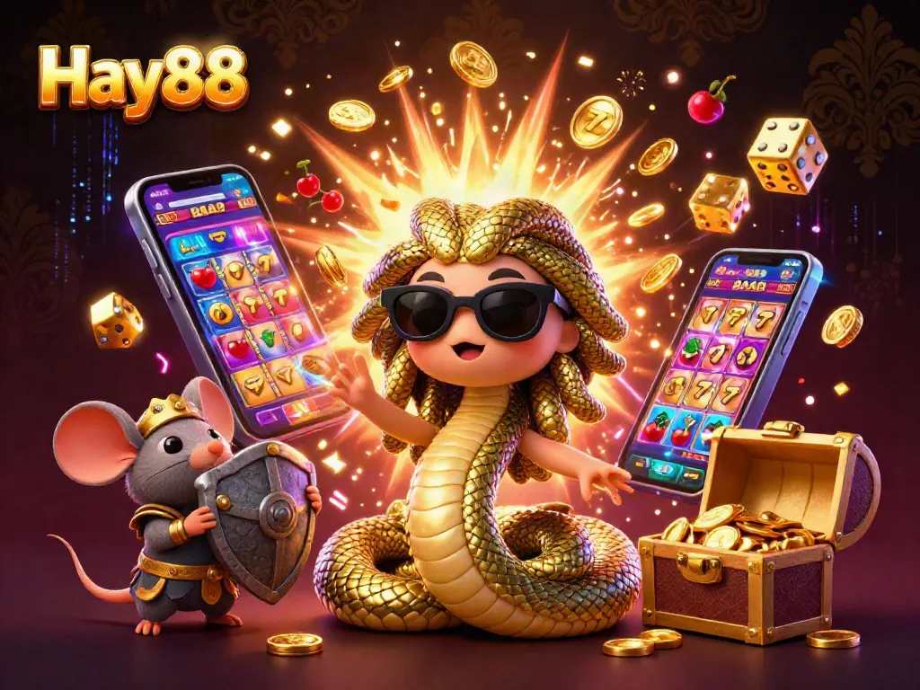 Experience Hay88's vibrant casino scene with Medusa and a warrior mouse amidst thrilling jackpot action.