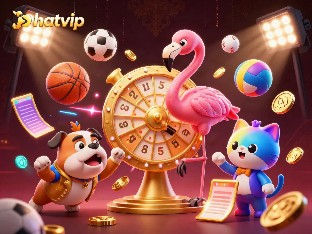 Engaging nhatvip casino experience with vibrant characters, a prize wheel, and sports betting elements