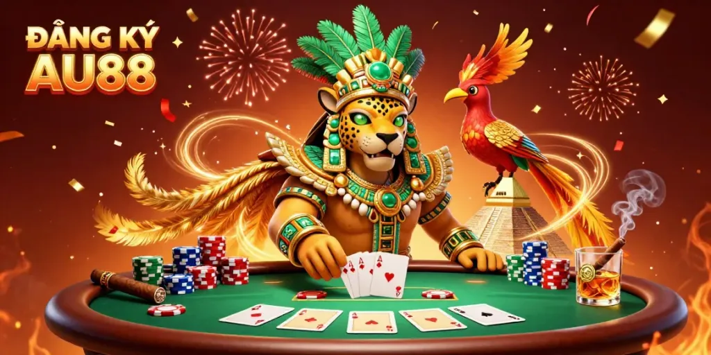 Engage in ĐĂNG KÝ AU88 with this vibrant 3D casino scene showcasing a Mayan priest and poker elements amid celebratory effects.