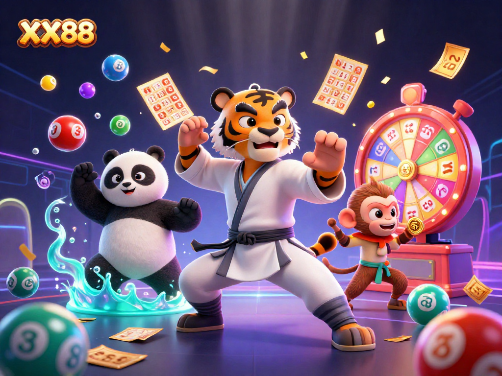 Engage with XX88's dynamic lottery world featuring a kung fu tiger, panda, and monkey celebrating wins!