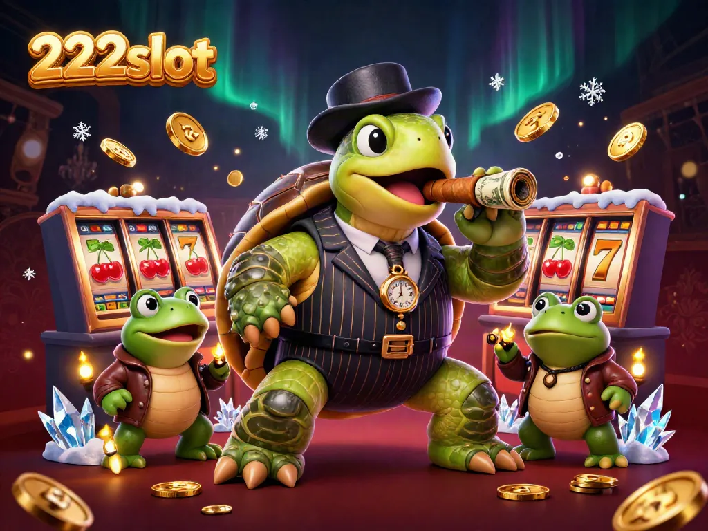 Visualisasi 222slot dengan penyu besar dan pengawalnya di meja slot penuh cahaya dan koin emas