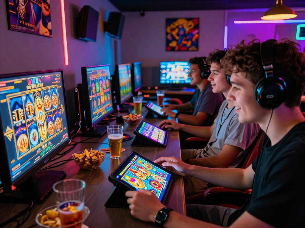 Friends immersed in slot gaming experience in a vibrant lounge.