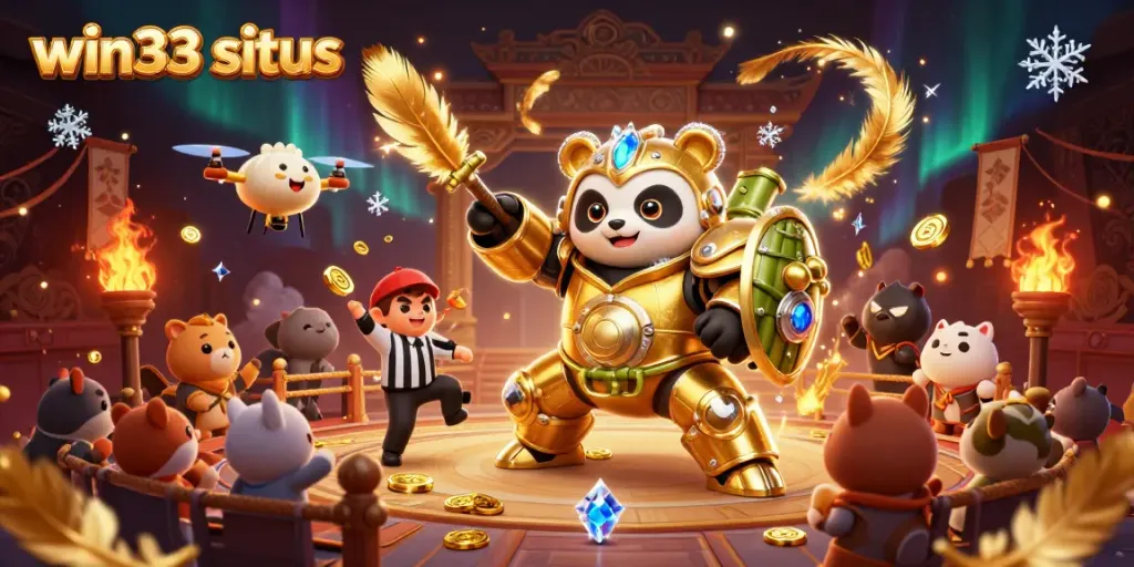 Experience excitement with win33 situs featuring a golden panda pilot in a thrilling casino arena.