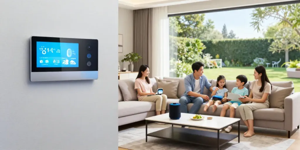 Modern smart home living room scene featuring خانواده هوشمند جهان اسمارت interacting with smart devices for a seamless experience.