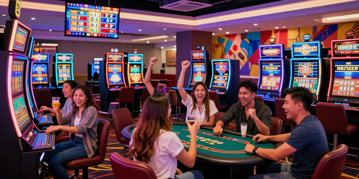 Exciting group of friends celebrating a win at a situs888 slot machine in a vibrant casino environment.