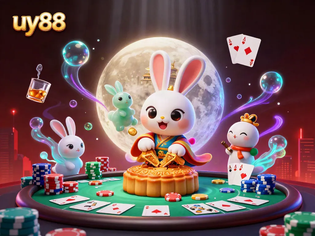 Experience the vibrant gaming world of uy88 with a moon rabbit and casino elements.