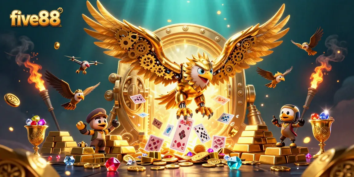 Engage with five88's thrilling games through dynamic slots and golden treasures in this vibrant casino scene.