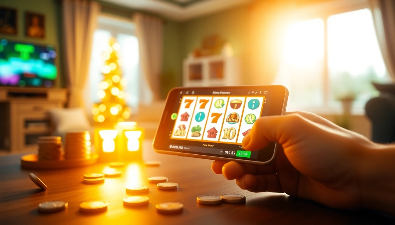 Permainan slot pulsa 5000 di smartphone dengan suasana cerah dan dekorasi yang menarik.