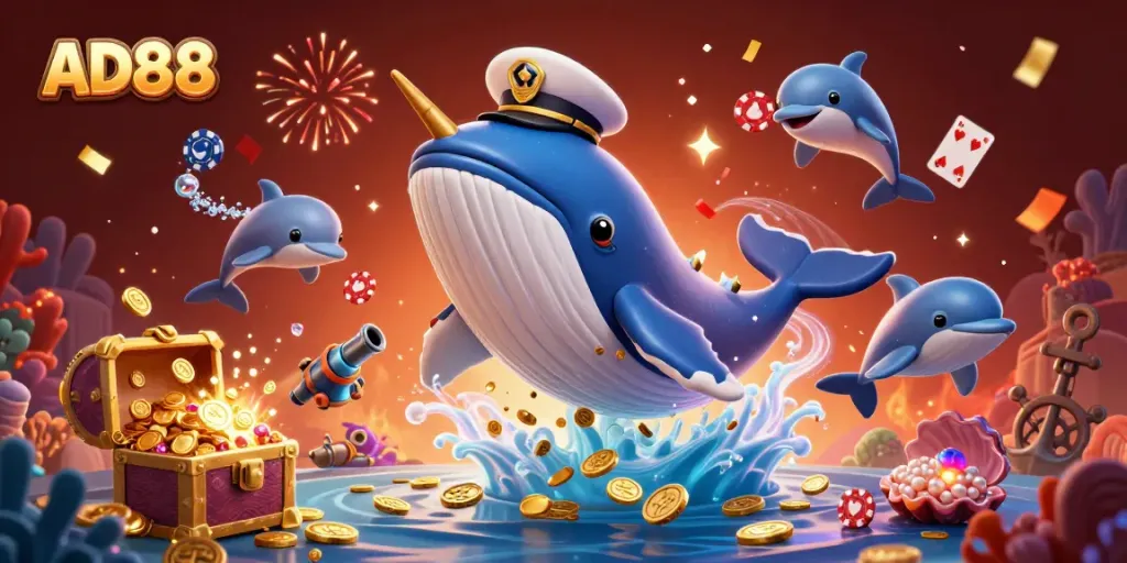 Engage with the underwater fun of AD88 as a whale and playful dolphins celebrate with poker chips amid treasure.
