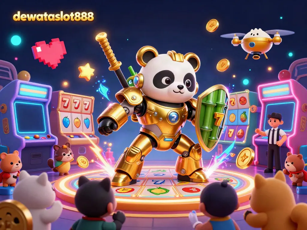 Gambarkan keseruan permainan di dewataslot888, dengan panda emas mengemudikan robot, slot dan simbol keberuntungan.