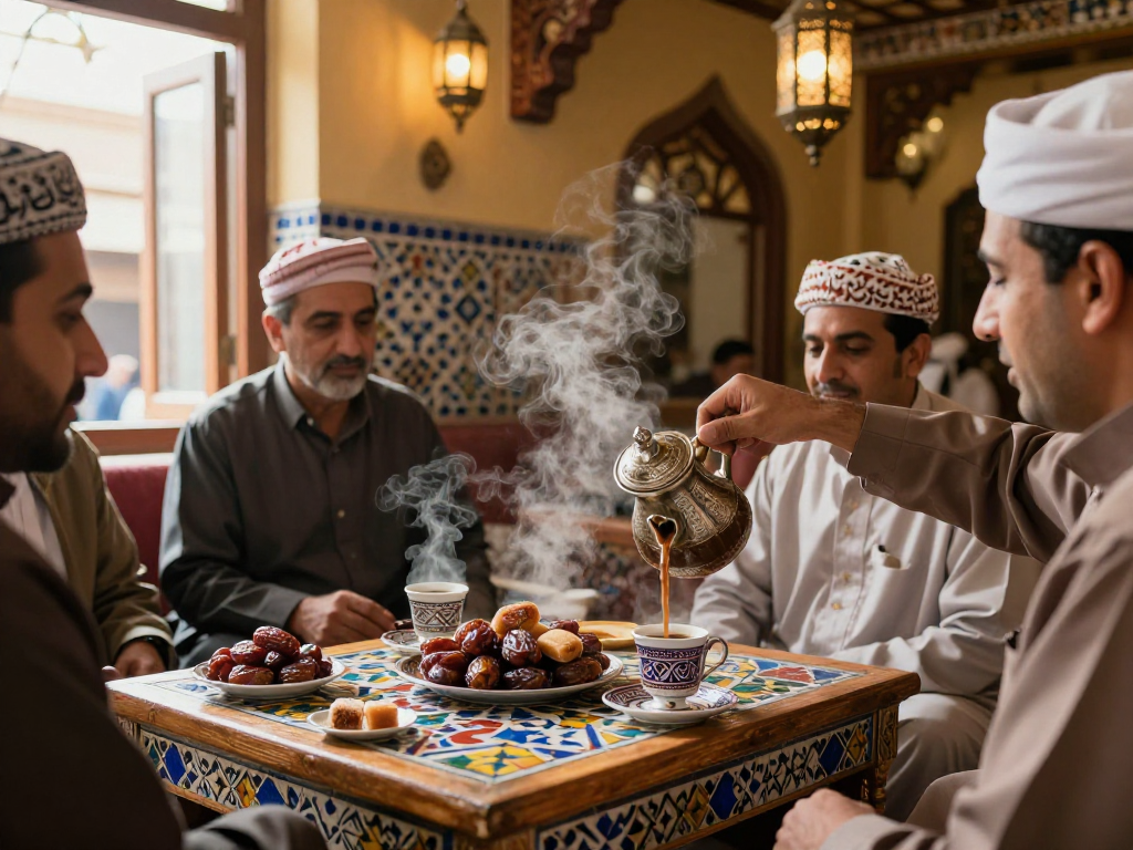 قهوجي وصبابين يقدمون القهوة للضيوف في مقهى تقليدي