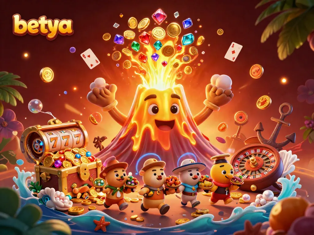 Experience the thrill of winning at betya with a golden volcano erupting coins and gaming excitement!