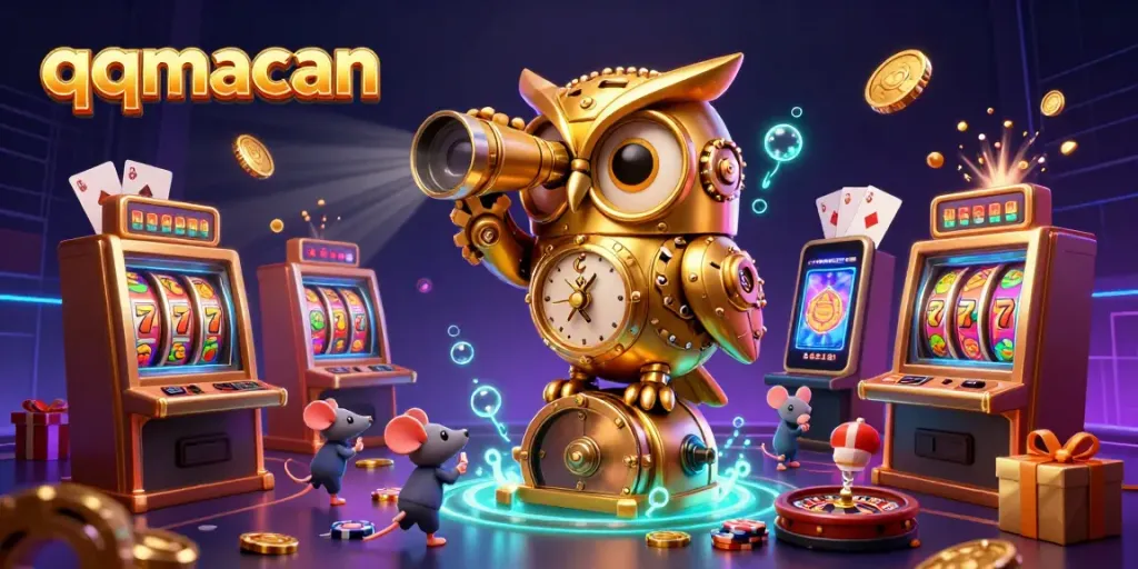 Engage with qqmacan's thrilling casino experience featuring a golden owl, slot machines, and vibrant game elements.