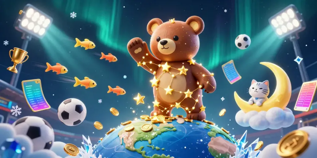 Engage with LLWIN through a vibrant 3D illustration of a constellation bear and sports elements in action