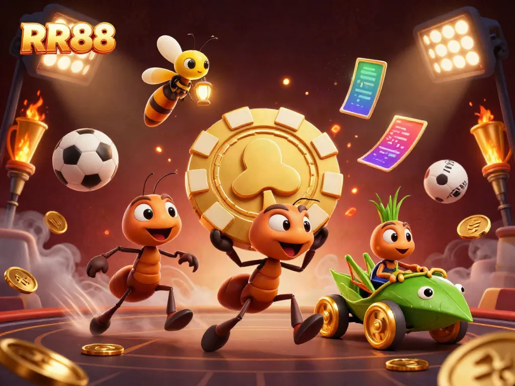 RR88 ants carrying a giant poker chip through a tunnel, amidst dynamic sports elements.