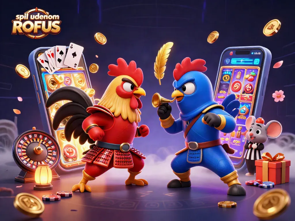 Engage with spil uden om ROFUS in this vibrant casino battle scene featuring dynamic roosters.