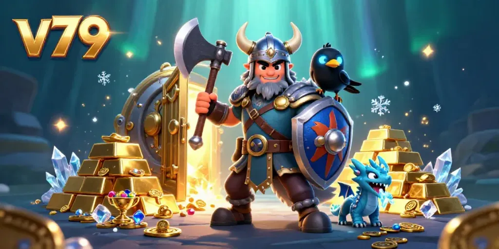 Engage with vibrant treasures at V79, featuring Viking warrior amidst rich casino elements.