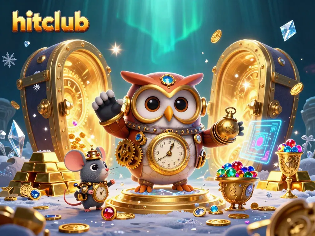 Hitclub gaming adventure with a cartoon owl, clockwork mouse, and treasure-filled casino backdrop.
