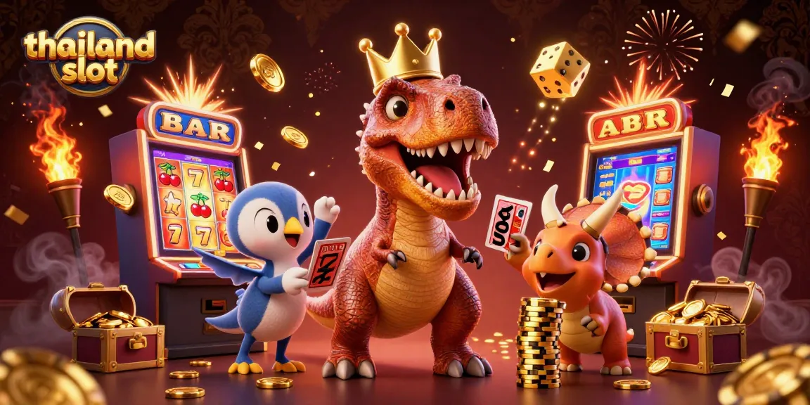 Engage with thailand slot excitement as a cartoon T-Rex and friends play cards and stack chips!