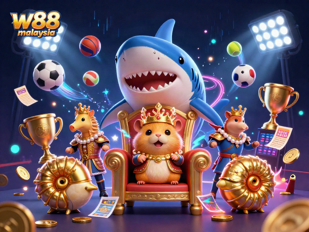Engage in exciting gameplay at w88 malaysia with a dynamic scene featuring a golden hamster king and sports elements.