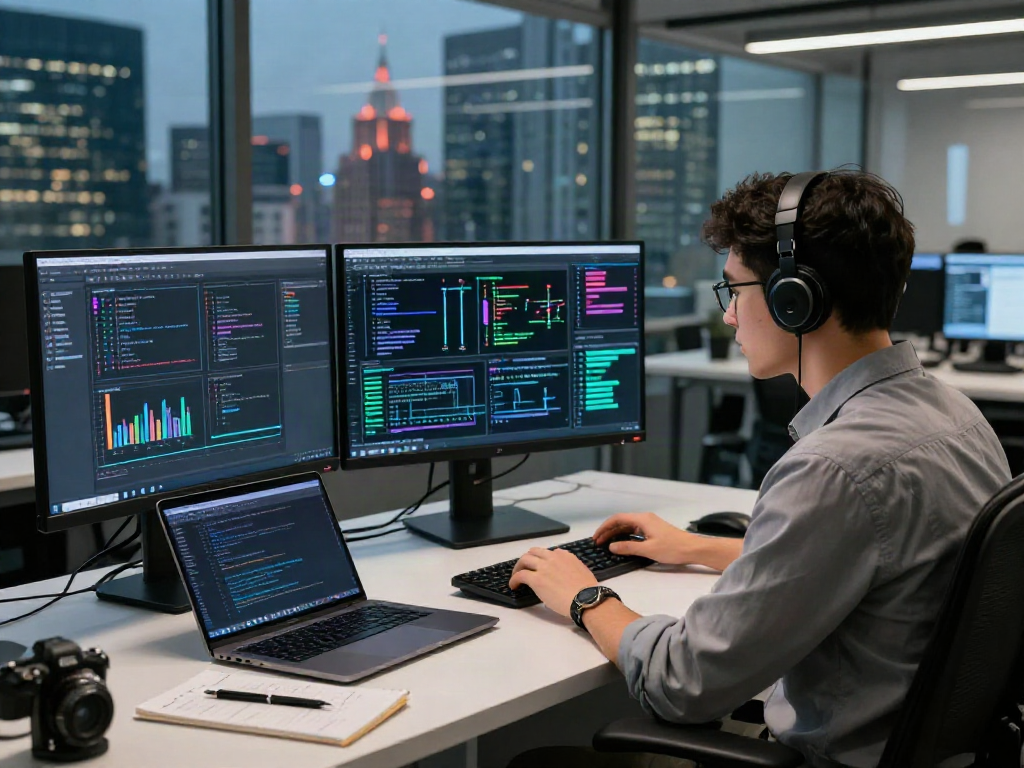 AI Detector workspace with researcher analyzing algorithms and data visuals in a modern tech environment.