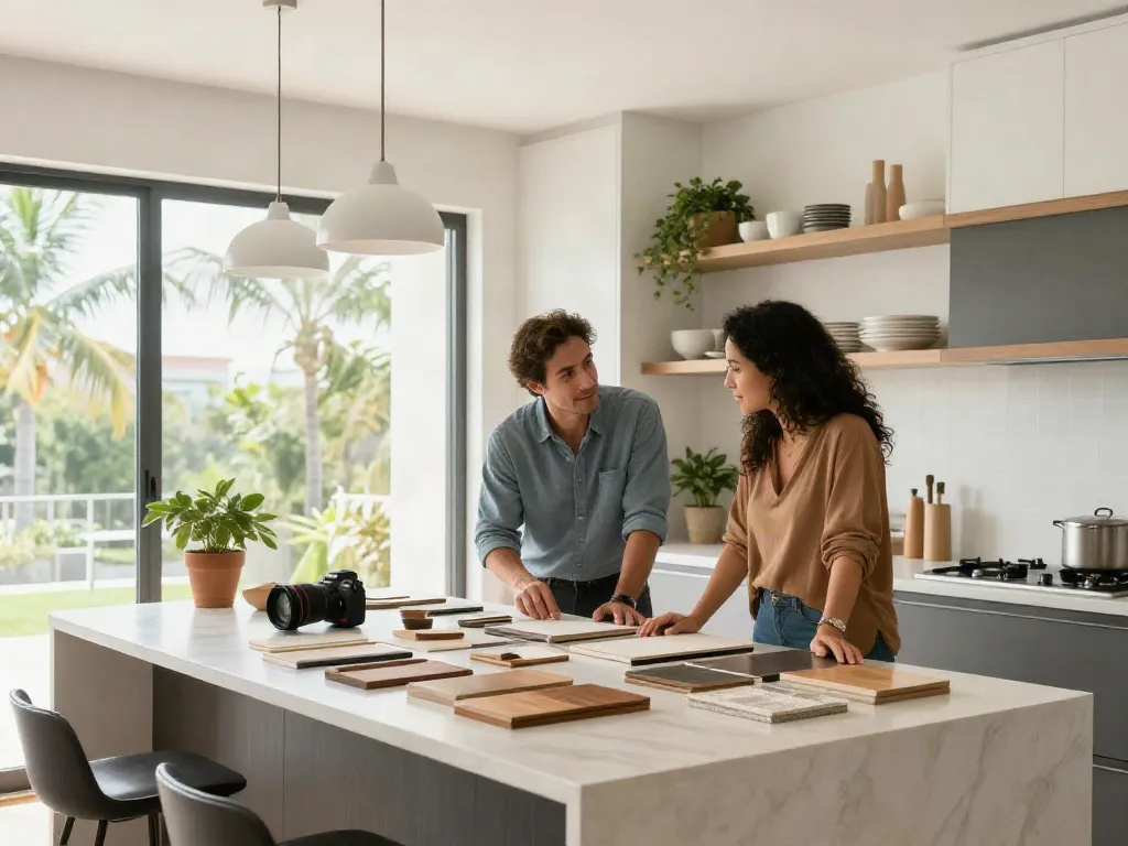 Home renovation Miami: Designer and homeowner discussing kitchen cabinetry options with natural light.