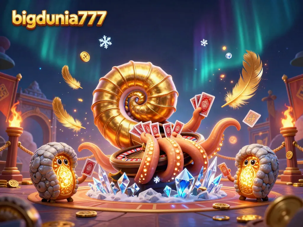 Engage in thrilling gameplay at bigdunia777 with a vibrant nautilus roulette wheel and glowing ammonite companions.
