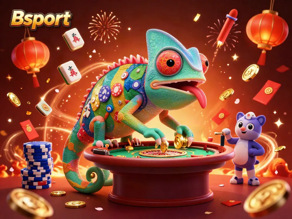 Experience exciting gameplay at Bsport with a vibrant chameleon casino owner and dynamic, colorful elements.