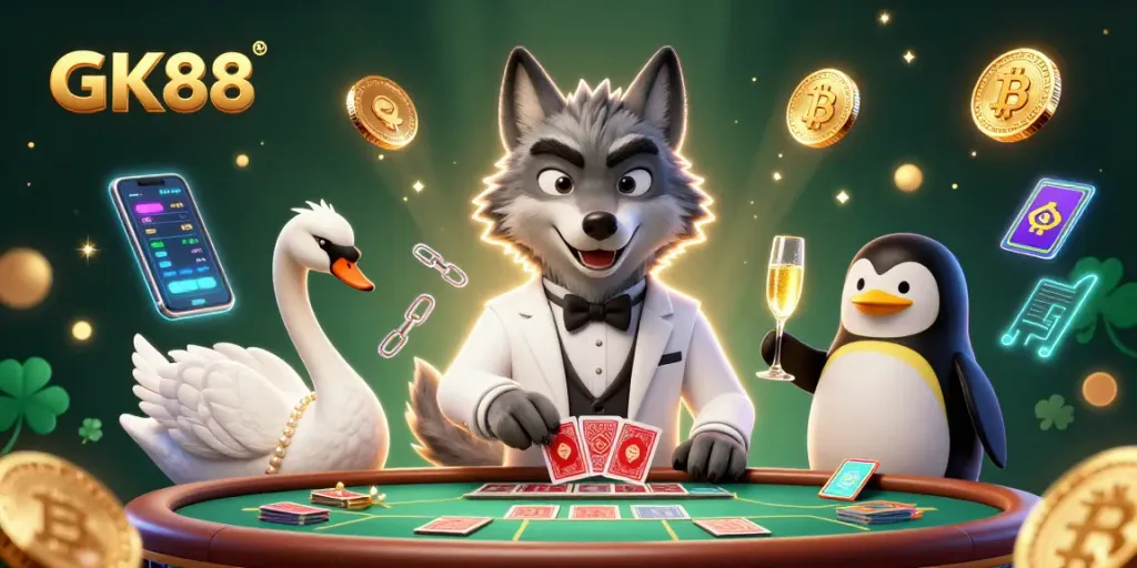 Engage in GK88 baccarat with a debonair wolf, elegant swan, and sommelier penguin presenting a lively casino atmosphere.