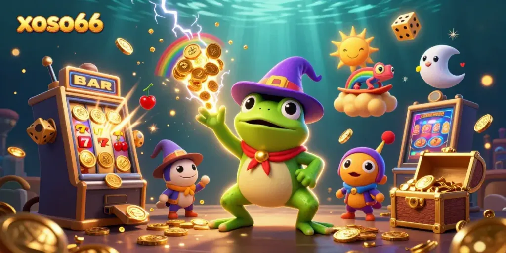 Experience the excitement of xoso66 with a wizard frog amidst golden coins and casino elements.