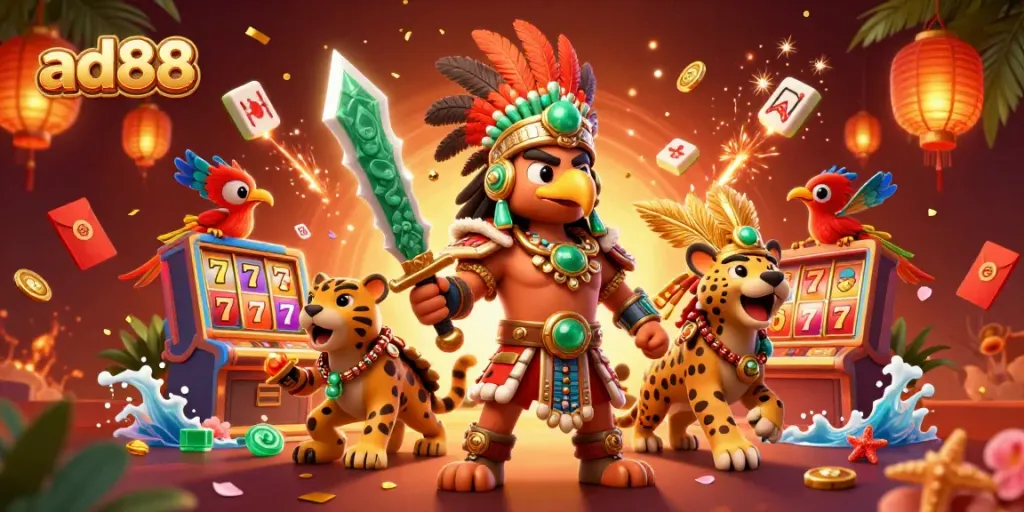 Experience thrilling wins at ad88 casino with 3D cartoon warriors surrounded by slot symbols and festive elements.