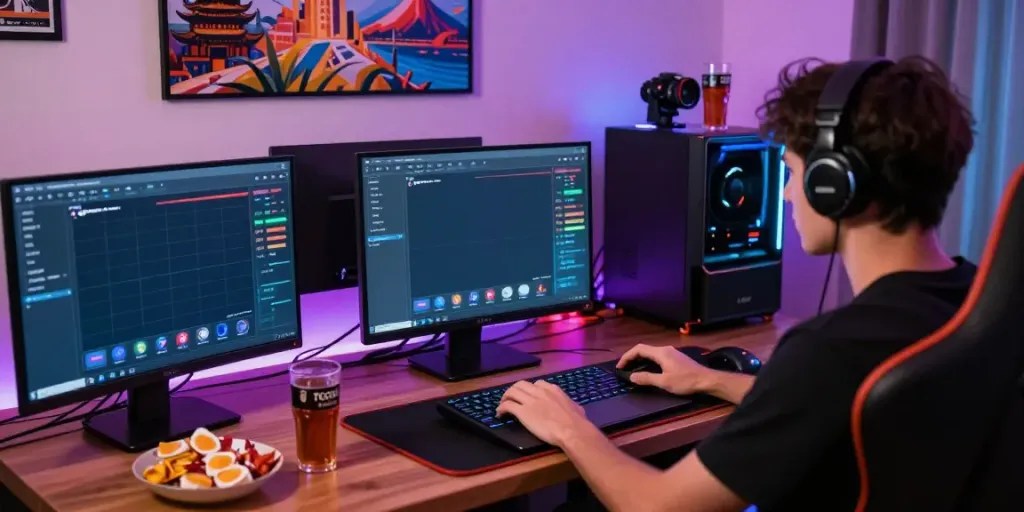 Person enjoying a togel online gaming session on a laptop with colorful setup.