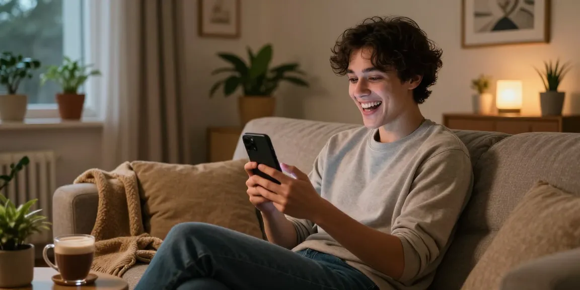 Engaging pink chat session with a young adult enjoying a lively video call in a cozy home setting.