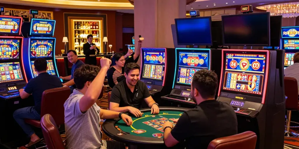 Engaged players at a slot machine in a vibrant casino, showcasing excitement and colorful gaming atmosphere.