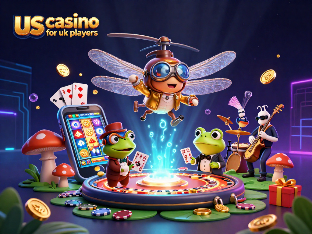 Engage with us casinos for uk players featuring a dragonfly pilot and frog croupier at a vibrant lily pad casino.