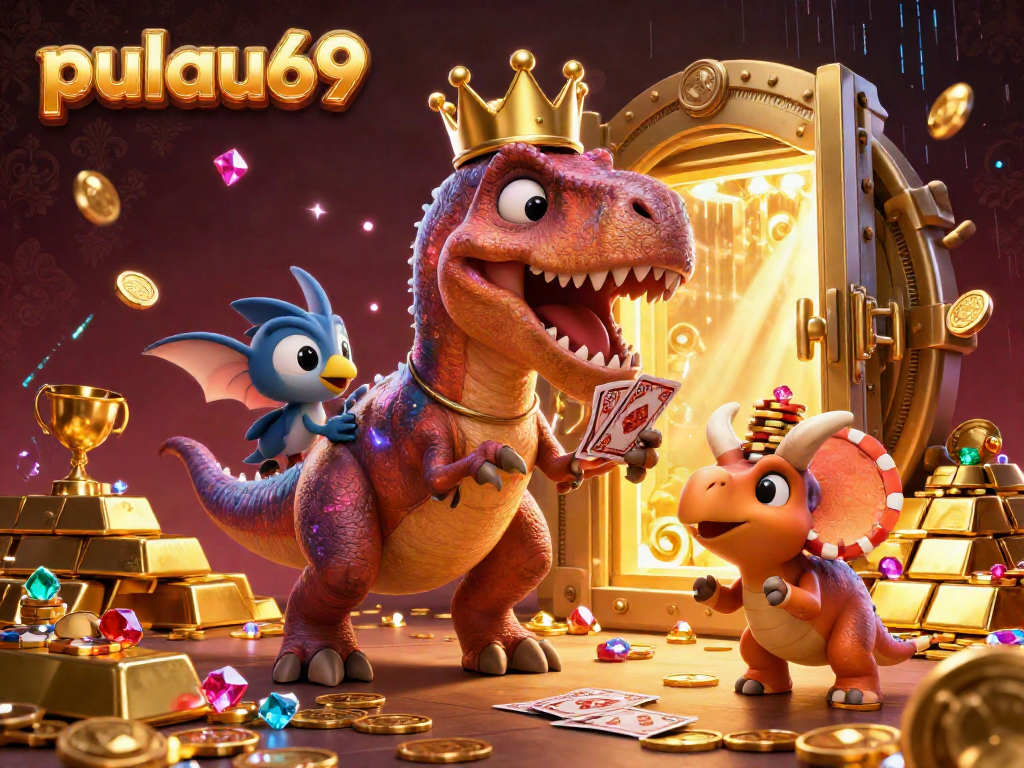 Engaging scene with pulau69 characters exploring casino treasures and cards, illustrating vibrant gambling excitement.