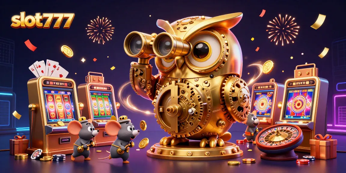 Spin the reels with slot777 in this dynamic casino illustration featuring a golden owl and playful mice.