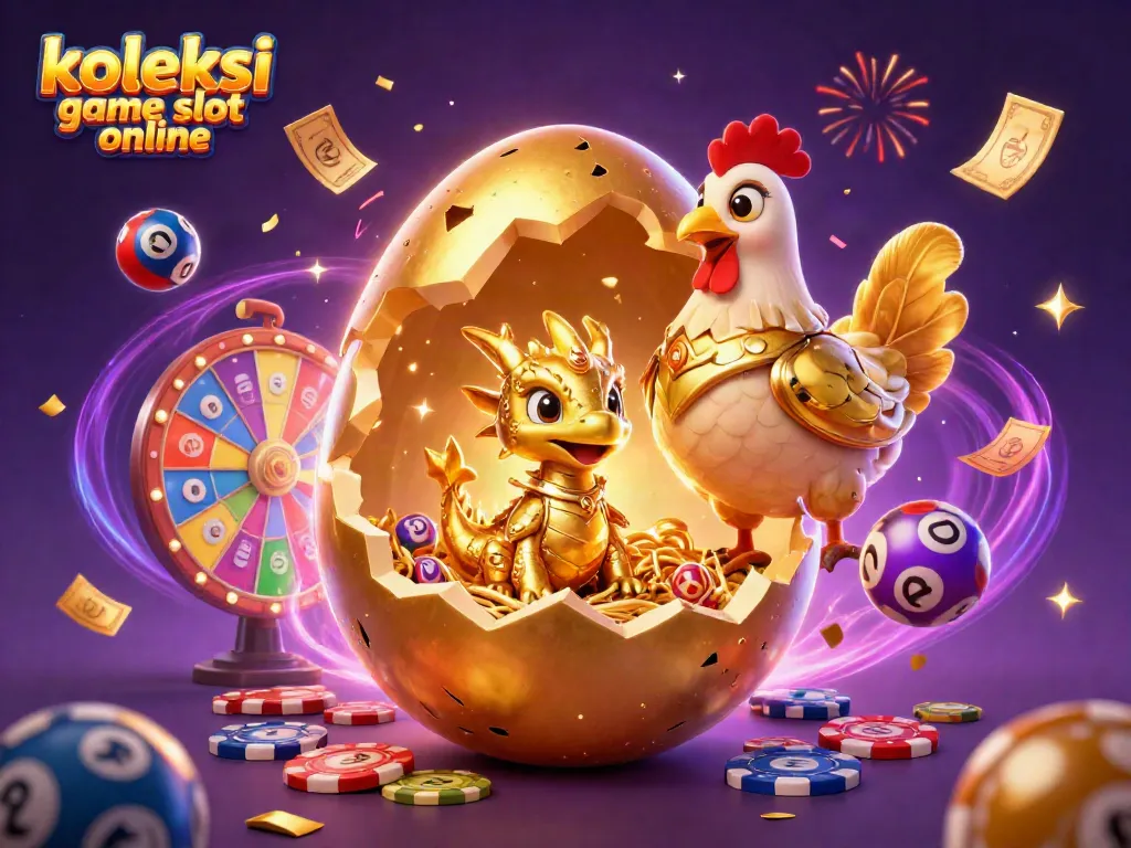 Menampilkan koleksi game slot online dengan naga emas dan simbol kasino yang berkilau.