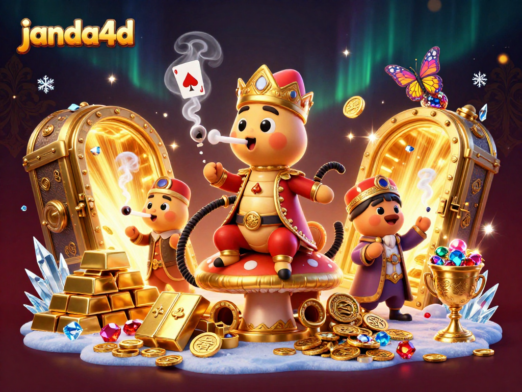 Permainan janda4d memiliki karakter kartun dengan simbol poker, dikelilingi oleh harta karun bertumpuk.