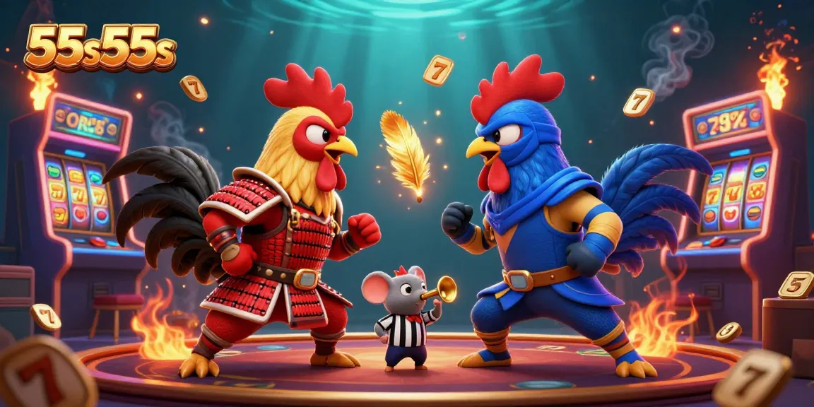 Experience thrilling action at 55s55s with a dramatic rooster showdown in a vibrant casino scene.