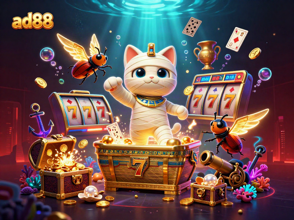 Engage with ad88 as the Egyptian mummy cat emerges from a golden casino sarcophagus surrounded by slots.
