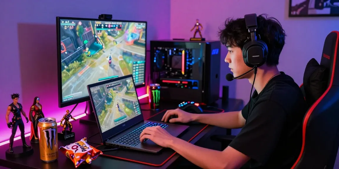 A focused gamer engaged in tashan game login on a modern laptop in an immersive gaming setup.