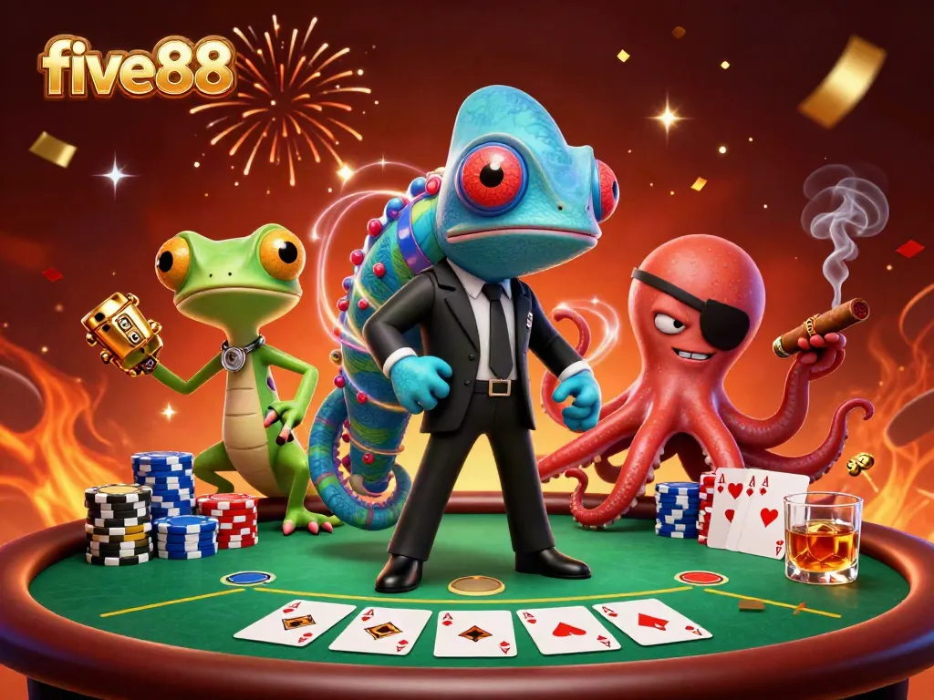 Experience intense poker action with a vibrant five88-themed illustration featuring a secret agent chameleon, gecko, and octopus.